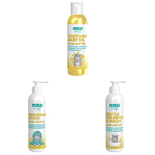 Bundle of NOW® Baby, Soothing Baby Oil, 4 Fl. Oz. (118 mL) + NOW® Baby, Nourishing Baby Lotion, 8 Fluid Ounces (237 mL) + NOW® Baby, Gentle Shampoo & Wash, 8-Ounce