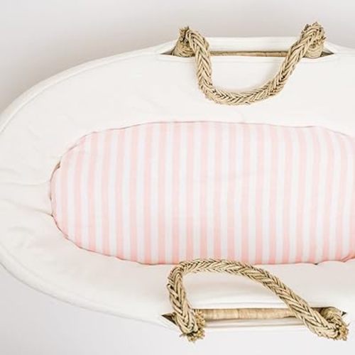 NODNAL CO. Bassinet Fitted Sheet - 100% Cotton for Baby Girl/Boy - Gender Neutral Patterns & Colors - Universal Fit for Cradle/Moses Basket Hourglass, Oval & Rectangle Mattress (Pink Stripe)