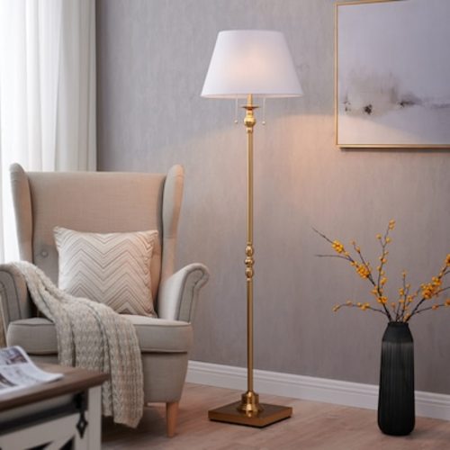 KAWOTI Modern Gold Floor Lamp with White Fabric Drum Shade - Pull-chain Switch, 60.5 Inches Tall 21159 at Lowes.com