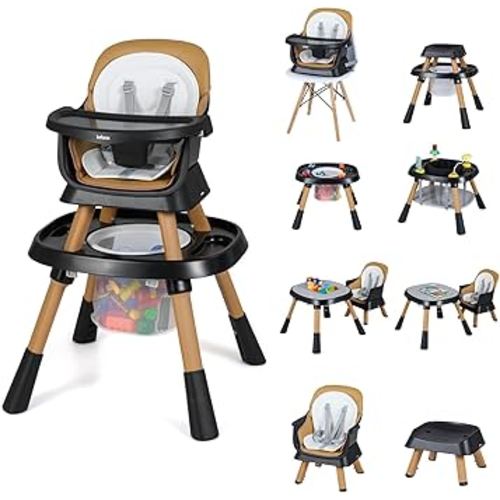 INFANS 9 in 1 High Chair, Convertible Baby Highchair for Babies and Toddlers, Table and Chair Set Building Block Infant Dining Booster Seat, Kids Stool with Activity Children Play Kitchen (Brown)