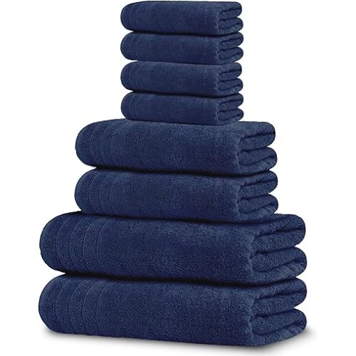 Tens Towels Pack of 8 Towels Set, 2 Extra Large Bath, 2 Hand, 4 Washcloths, 100% Cotton, Lighter Weight, Quicker to Dry, Super Absorbent, Perfect for Bathroom, Navy
