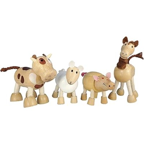 TEKOR Wooden Bendable Farm Animal Toys (Set of 4) | Ages 3 & Up | Early Education Toy Animals for Kids | Fun Montessori Toys | Smooth Natural Wood | Endless Play for Girls & Boys | Non-Toxic Paint |