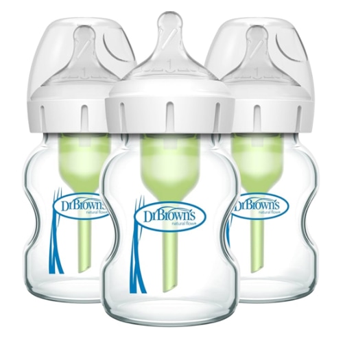 Dr. Brown's Natural Flow Anti-Colic Options+ Wide-Neck Glass Baby Bottles 5 oz/150 mL, with Level 1 Slow Flow Nipple, 3 Pack, 0m+