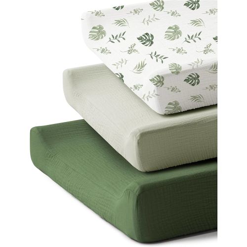 3 Pack Muslin Changing Pad Covers for Girl, Boy, 100% Soft Cotton Changing Table Cover, Breathable Baby Nursery Diaper Chang Pad Sheets (Leaf)