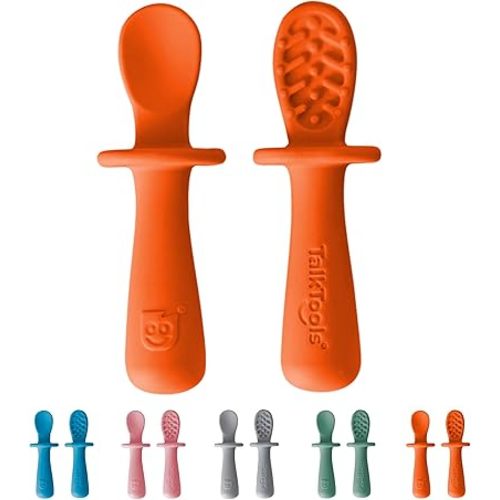 TalkTools ITSY Tiny Silicone Spoons – Twin Pack Soft Silicone Self-Feeding Training Spoons for Kids & Toddlers, Anti-Choking Flange Guard and Non-Slip Handle (Tangerine)