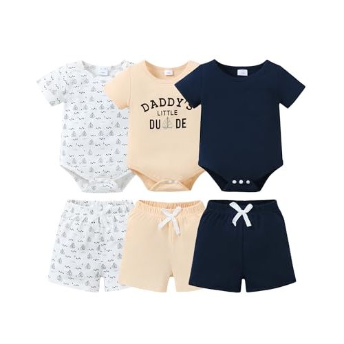 Jecson Newborn Boy Clothes Baby Boy Outfits Summer Set 6-Piece Cotton Short Sleeve Top and Shorts for 0-18M