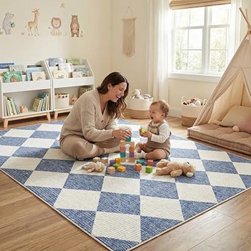 GarveeHome 4x6 Modern Checkered Area Rug Navy Blue Washable Bedroom Rug