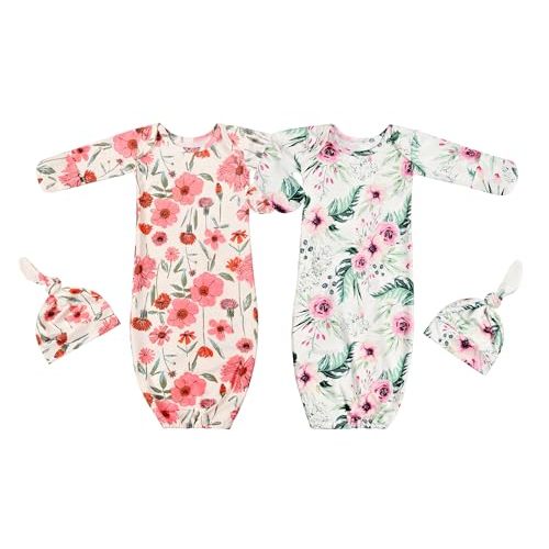 Newborn Baby Sleeper Gown with Hat Knotted Gown Nightgown Coming Home Outfits for Baby Girl 2 Pieces Set