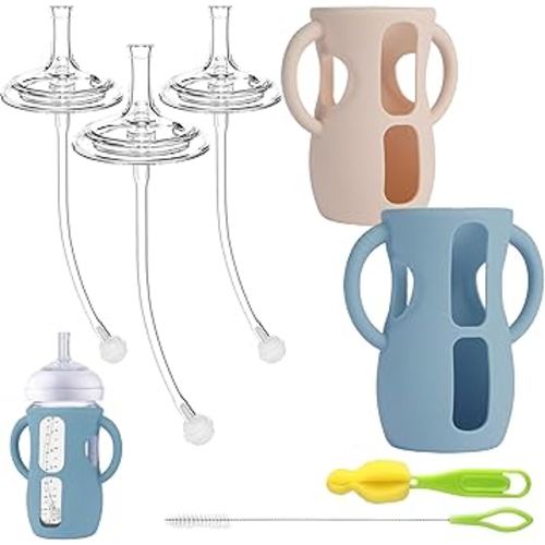 Straw Cup Conversion Kit with Silicone Sleeves for Avent Natural Glass Baby Bottle 8oz, Toddler Sippy Cups Transition Kit w Anti Breakage Bottle Holder Compatible with Philips Natural Baby Bottles 8oz