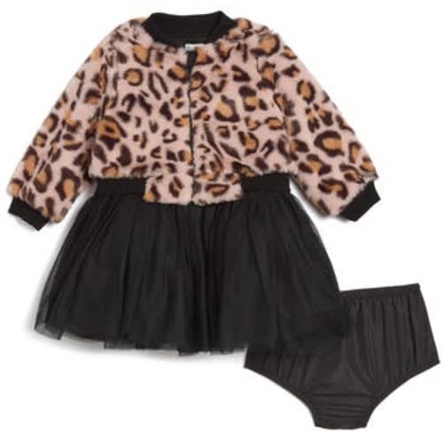 Maya Faux Fur Bomber Jacket, Party Dress & Bloomers Set, 12M