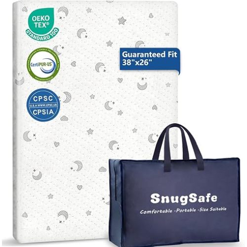 SnugSafe Breathable Pack and Play Mattress Pad (38"x26"x1.8"), Waterproof Pack n Play Mattress Pad with Anti-Slip Bottom, Portable Playard Mattress with Carry Bag, 1.8" Thick