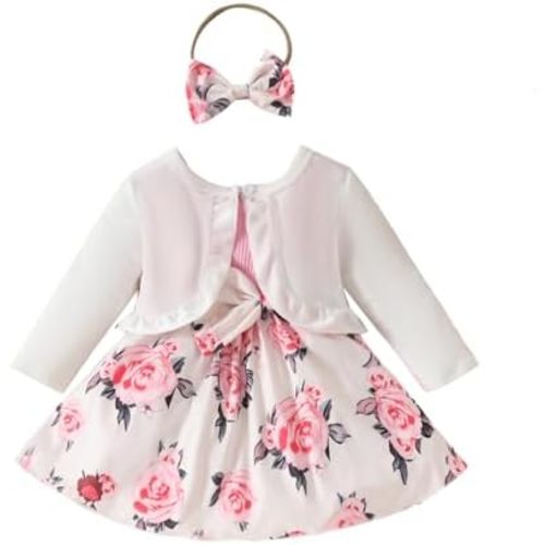 Toddler Baby Girls Fashion Outfits Sleeveless Flower Print Dress Long Sleeve Ruffle Coat Bow Headband Clothing Sets