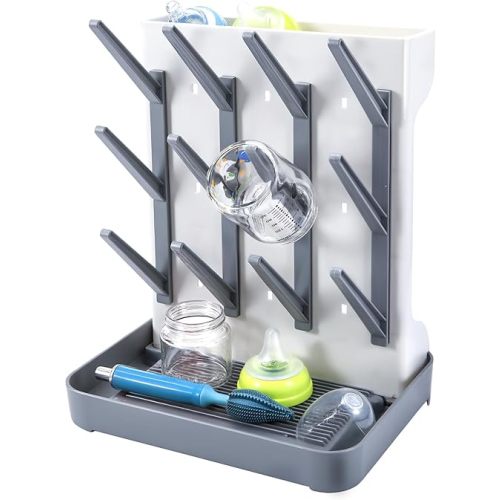 Large Vertical Baby Bottle Drying Rack - Space-Saving Standing Dryer Holder for Bottles, Pump Parts & Feeding Accessories (Gray)