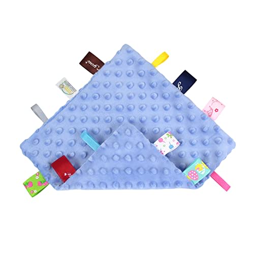 Baby Tag Security Blankets for Babies, Sensory Soothing Taggy Blankets for 3-12 Months Baby, Soft Minky Dots Baby Comforter Blanket, Small Lovey Toys with Tags for Girls and Boys(Blue)