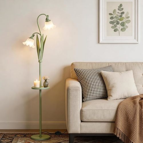 Funky Flower Floor Lamp with Table, Adjustable Gooseneck Floor Lamp with 3 Color Temperature, LED Bright Standing Lamp for Living Room, Bedroom, Corner, for Girl Women（Matcha Green）