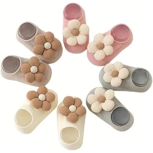 4 pares de calcetines tobilleros para bebé, calcetines antideslizantes de corte bajo floral para bebés, niños pequeños y niñas recién nacidas