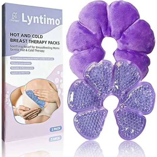 2 Pack Breast Therapy Packs, Lyntimo Hot & Cold Breastfeeding Essentials Ice Pack for Pain Relief, Dual-use Nipple Cooling Gel Pad Heat Warm Compress for Lactation Support, Postpartum Recovery, Purple
