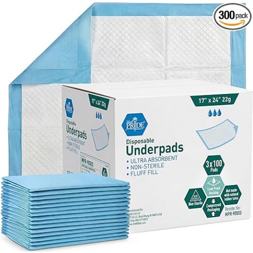 MED PRIDE Disposable Underpads 17'' x 24'' (300-Count) Incontinence Pads, Bed Covers, Puppy Training | Thick, Super Absorbent Protection for Kids, Adults, Elderly | Liquid, Urine, Accidents