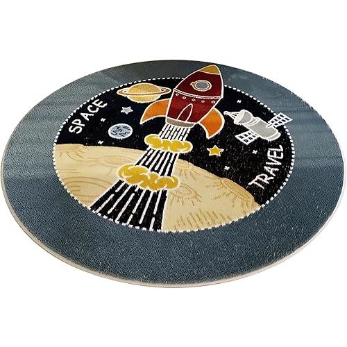 Space Round Area Rug, Cartoon Kids Play Rugs, Soft Plush Educational Circle Area Rug, Non-Slip Children's Room Carpet for Bedroom Living Room Kids Playroom (47 inch, Space Rocket)