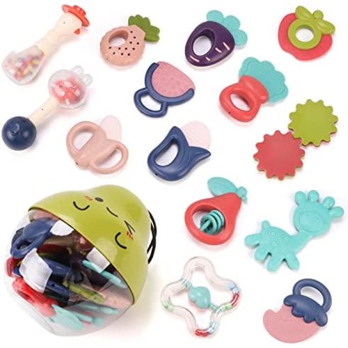 Lemon Legend 14pcs Baby Rattles Teethers Set, Sensory Teeth as a Newborn Birthday Gift for 0 1 2 3 4 5 6 7 8 9 10 12 Months Baby Boys Girls with a Pear Container