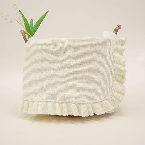 Ruffle Knit Blanket for Baby - 100% Luxury Soft Cotton Knit Warm Cozy Cuddle Stroller Crib Blanket for Newborns, Infants, & Toddlers (Cream)