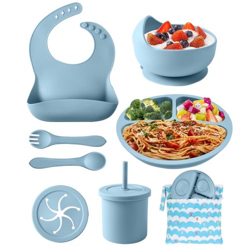 Silicone Baby Feeding Set, 10 Pcs Baby Led Weaning Supplies Baby Eating Essentials Set with Suction Bowl Divided Plate Adjustable Bib Soft Spoon Fork Cup with Lid Drinking Cup, Travel Bag (Blue)