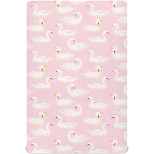 Fitted Crib Sheets Pink Cute Swan Animals Stretchy Portable Playard Sheets for Baby Toddler, Breathable Soft Mini Crib Mattress 39 x 27 in for Boys and Girls
