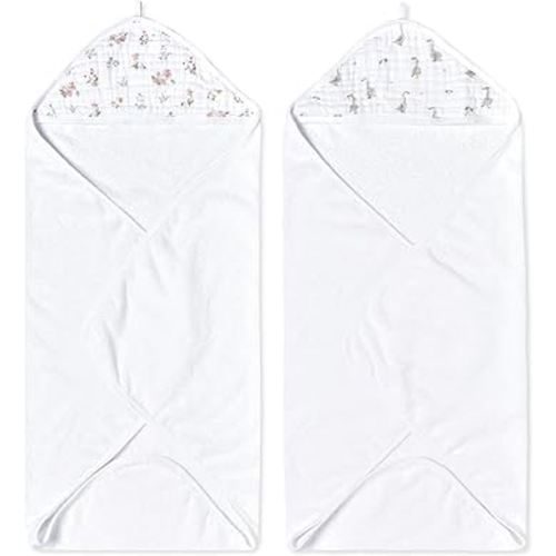 aden + anais Essentials Hooded Baby Bath Towel, Super Soft 100% Cotton, 2 Pack, Country Floral