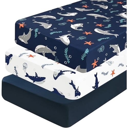 PHF 3 Pack Soft Shark Crib Sheets Fitted, Comfy Breathable Baby Sheets for Boys, 28x52 Inches Fits Standard Crib and Toddler Mattresses, Shark