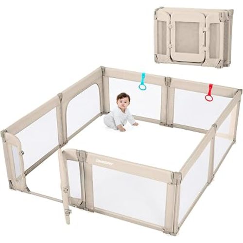 Baby Playpen with Door, Foldable Adjustable Play Pen for Babies and Toddlers,Heavy-Duty Play Yard Fence Play Area, Large Toddler Playpen,Khaki