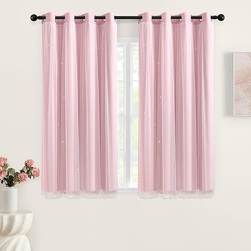 XiDi Light Pink Blackout Curtains for Girls Bedroom Living Room 63 Inches Long 2 Panels Hollow Star Nursery Kids Thermal Insulated Room Darkening Drapes Grommet Noise Reducing Window Curtains 52x63