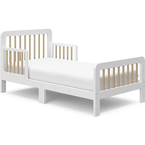 Storkcraft Pasadena Toddler Bed (White with Driftwood) - GREENGUARD Gold Certified, Fits Standard Full-Size Crib & Toddler Mattress, Toddler Safety Guardrails Included, Complete Design with Footboard