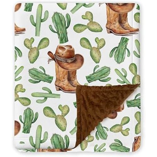 Western Baby Blanket with Cactus, Cowboy Minky Blankets for Boys Girls, Double Layer Dotted Backing, Nursery Room Decor, Soft Warm Lightweight Nursery Bed Blanket for Newborn Toddlers Son Daughter