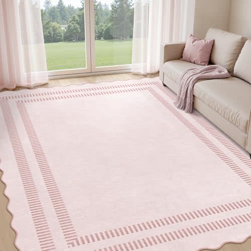 Pink Rugs for Living Room 8x10, Solid Machine Washable Area Rugs for Bedroom Girls, Non Slip Ultra-Thin Low-Pile Carpet for Playroom Nursery Kids Room