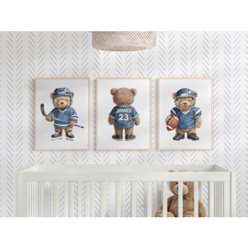 Personalized Sports Bear Nursery Wall Art, Custom Baby Boy Sports Posters, Choose Any 3-6 Prints