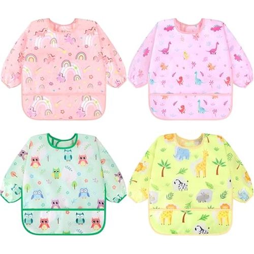 Accmor 4 Pack Long Sleeve Bibs, Baby Smock Waterproof Sleeved Bib Smock for Baby Toddler 6-36 Months
