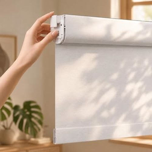 Grandekor No Drill Blackout Roller Shades | Textured-White 34.5Wx36H