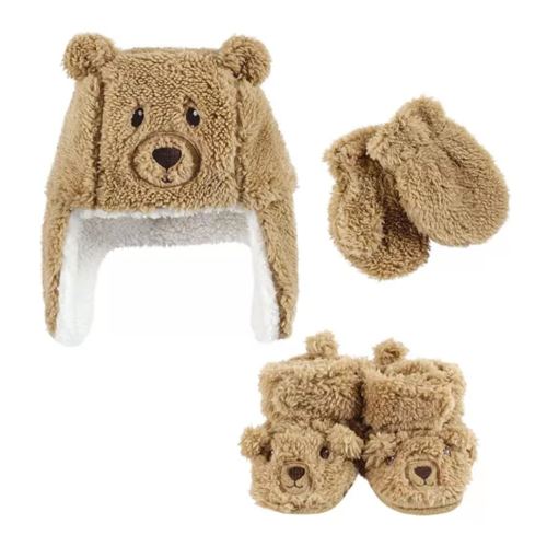 Baby Boys Hudson Unisex Unisex Winter Warmth 3Pk Earflap Hat, Mittens & Plush Booties
