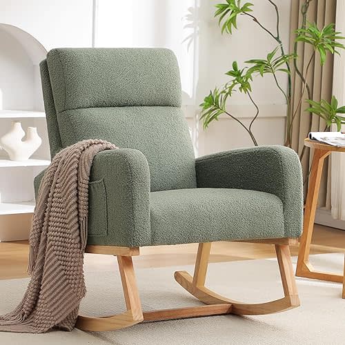 Rocking Chair Nursery, Sherpa Nursing Rocking Chairs, Upholstered Nursery Glider Rocker for Mom Nursery Morden Accent Rocking Chair with Side Pocket for Living Room,Bedroom,Teddy Green