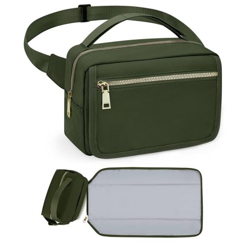printe Small Diaper Bag with Portable Changing Pad, Crossbody Diaper Bag Pack with Wipes Pocket, Women Waist Bag for Travel (Olive Green, Large)