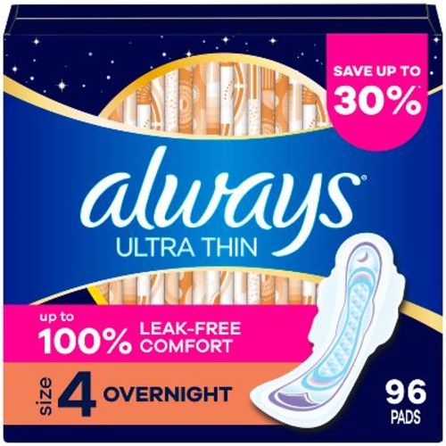 Always Ultra Thin Long with Wing Overnight Maxi Pads - Size 4 - 96ct