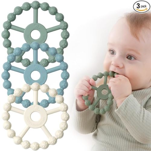 3 Pack Ring Teether Baby Infant Toys, Baby Essentials, Silicone Teething Ring Toys for Babies 0-6 Months, Seposeve Toddler Teethers 6-12 Months 12-24 Months, Infant Teething Relief, Green Blue White
