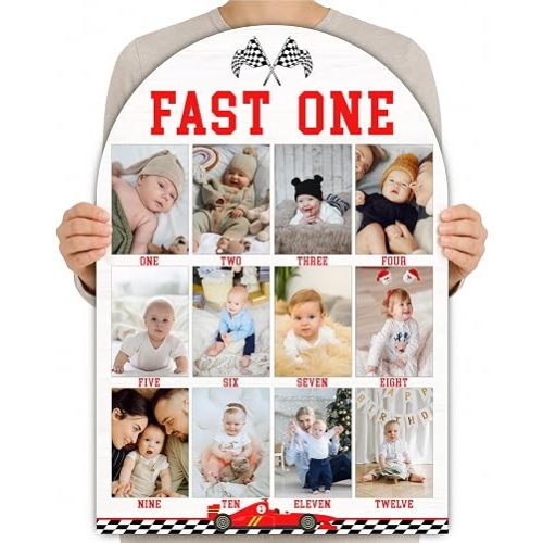 Fast One My First Year Photo Board, 23x16 Red Racing Car Baby Milestone Signs for Boys Girls Nursery Decor, 12 Month Wooden Picture Board Frame for 3.5x5 Photos, Best Baby Keepsake Gifts-C01