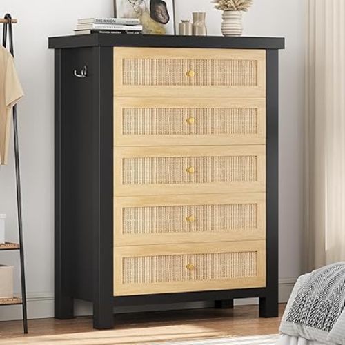 Natural Rattan Dresser for Bedroom with 5 Drawers, Wood Boho Chest of Drawers with Gold Metal Handle, Matte Top Bedroom Tall Dresser with Large Drawers for Living Room, Closet, Hallway - Black
