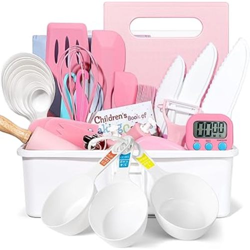 37PCS Kids Cooking Sets Real, Kids Cooking and Baking Gift Set with Storage Case Timer Kid Safe Knives Cutting Board, Toddler Real Kitchen Tools, Birthday Gifts for Girls Boys Age 4 - 8