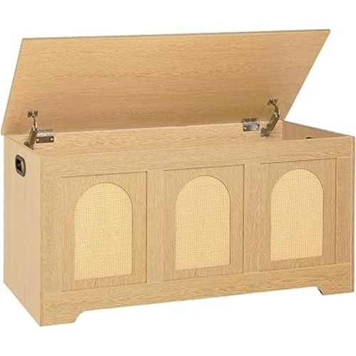 DINZI LVJ Storage Chest, 39.4" Rattan-Like Box with 2 Safety Hinges, Wooden Entryway Shoe Bench with Flip-Top, Storage Trunk for Living Room, Bedroom, Easy Assembly, Natural