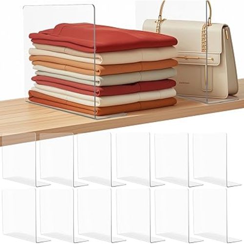 Lebouri Shelf Dividers for Closet Organization: 10" Tall x 12" Deep Acrylic Closet Shelf Dividers for Clothes Sweater Purse - Free Standing Clear Separators for Shelves