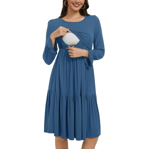 Smallshow Women's Maternity Nursing Dress Long Sleeve Ruffle Breastfeeding Clothes