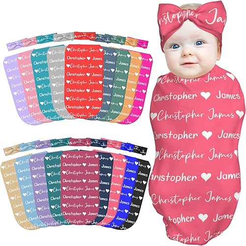 Tkanina Personalized Baby Blankets for Girls Boys with Name Custom Baby Swaddle Blanket and Bow Sleep Sack Newborn Baby Receiving Blankets Gift