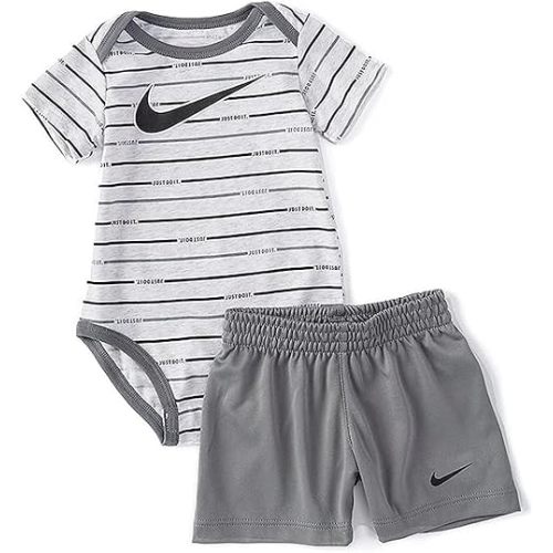 Nike Baby Boys Just Do It Short Sleeve Bodysuit & Shorts 2 Piece Set (Grey/Jdi Stripe Print, 3 Months) (Grey Jdi Stripe, 3 Months)
